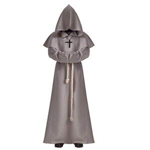 Brown Monk Robe Costume With Hood & White Rope Belt - Adult Size One Size Fits A
